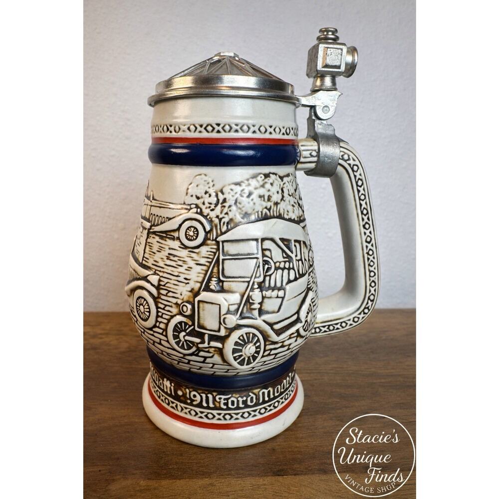 Avon Vintage Ceramic Beer Stein Ford Model T Cars Pewter Lid 1979